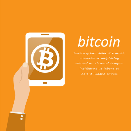 Bitcoin Cripto currency blockchain. Bitcoin flat logo on orange background on devices. laptop, tablet, phone.のイラスト素材