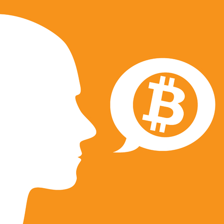 man's face with speach bubbles and bitcoin logoのイラスト素材
