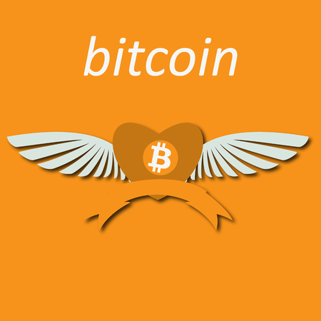 Bitcoin Cripto currency blockchain. Bitcoin flat logo on orange background. Bitcoin in heart with wingsのイラスト素材