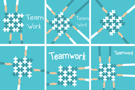 Teamwork and cooperation concept. Hands holding and putting puzzle pieces together. Vector illustration in flat styleのイラスト素材