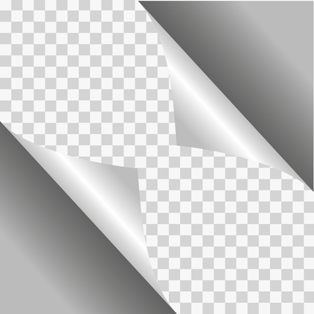 Page curl with shadow on blank sheet of paper. White paper sticker. Element for advertising and promotional message isolated on transparent background. Vector illustration for your design and businessのイラスト素材