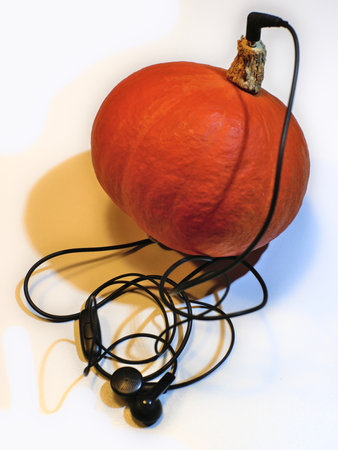 earphones or usb cable connected to a squashの写真素材