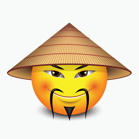 Cute emoticon wearing Asian conical rain hat - emoji, smiley - isolated vector illustraitonのイラスト素材