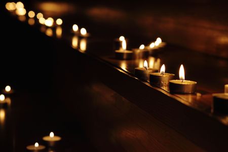 Candles on a wooden ladderの写真素材