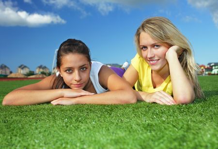 Two girls after training in stadiumの写真素材