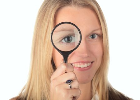 girl with lens on a white backgroundの写真素材