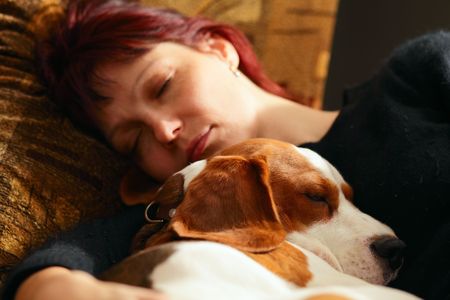 The woman who has fallen asleep with the puppy,focus on a dogの写真素材