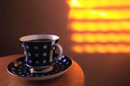 coffee on a wood table.の写真素材