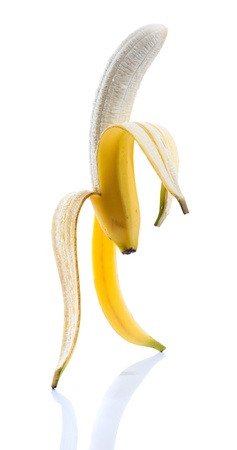 Ripe banana very similar to people on a white background.の写真素材
