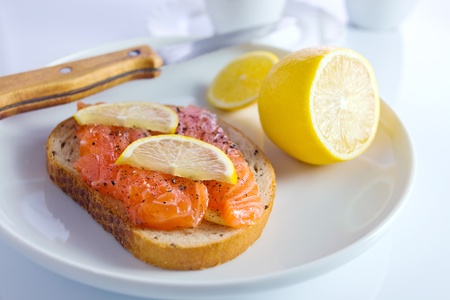 sandwich with salmon and lemon on a white plate.