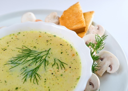 mushroom soup with dill, toasts and field mushrooms.の写真素材