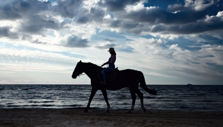 young  beautiful girl with horse on seacoast