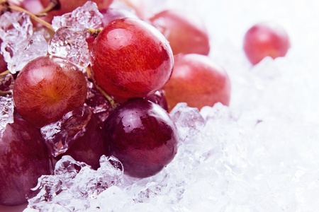 ripe red grapes on a plate with iceの写真素材