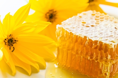 sweet honeycomb with honey and yellow flowerの写真素材