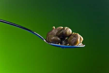 Marinated capers in spoon on a green backgroundの写真素材