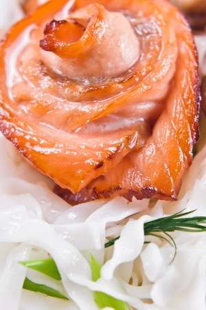 fresh baked salmon with white japanese  noodlesの写真素材