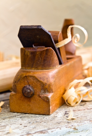 old wooden plane in a workshop of the carpenterの写真素材