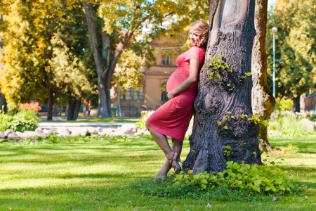 The young pregnant woman has a rest in parkの写真素材