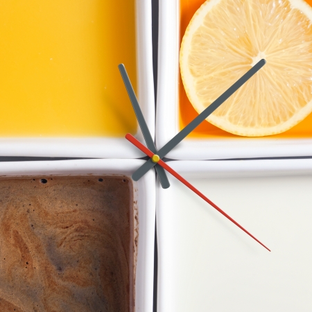 coffee , tea , juice and milk in white dishesの写真素材