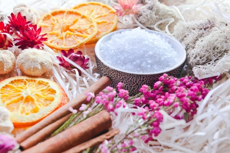 Background of a spa with dried fruits, plants and flowersの写真素材