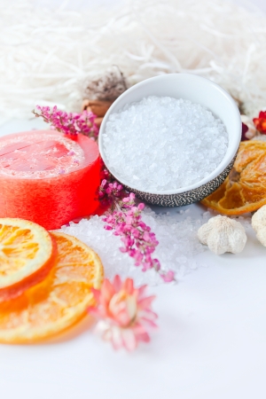 Background of a spa with dried fruits, plants and flowersの写真素材