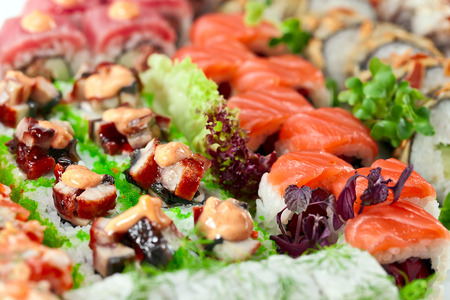 Appetizing Japanese sushi , focus on a foregroundの写真素材