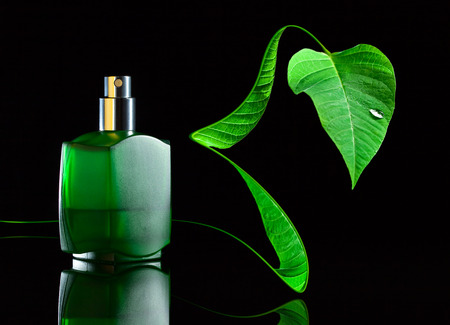 Green bottle with natural perfume on a black backgroundの写真素材