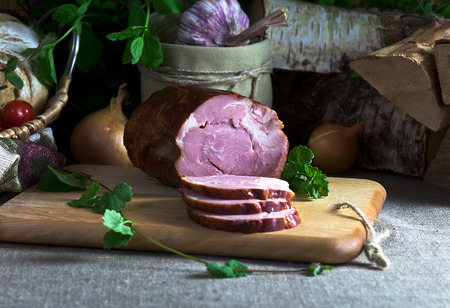 smoked meat with spices on kitchen table