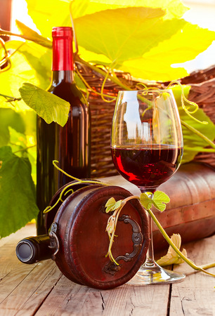 bottles and glass with red wine in vineyard.の写真素材