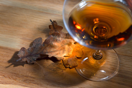 snifter with brandy and dried oak leaves