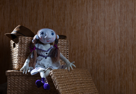 handmade doll in a white dress is sitting on the boxの写真素材