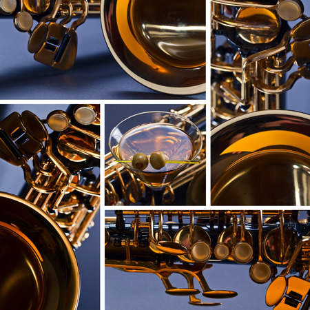 closeup of saxophone and martini with green olivesの写真素材