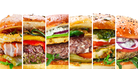 collage of various hamburgers on a white backgroundの写真素材