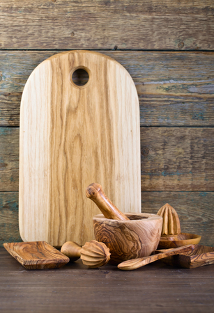Set of wooden kitchen utensils made from olive wood .の写真素材