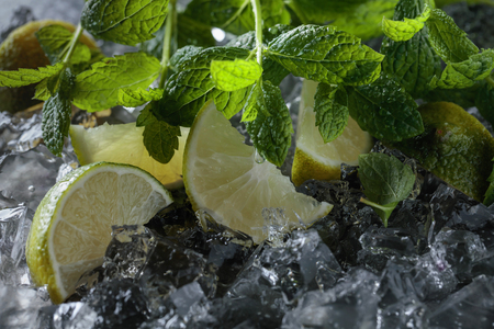 Lime slices with ice and mint on dark background. Selective focus .の写真素材