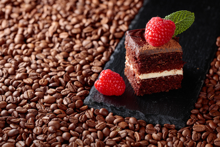 Closeup of chocolate cake with raspberry and mint. Copy space.の写真素材
