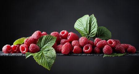 Ripe raspberry with green leaves on a black background. Copy space.の写真素材