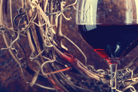 Dried vine and glass of red wine on vintage background.の写真素材