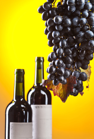 Grapes and bottles of red wine on yellow backgrond. Selective focus.の写真素材