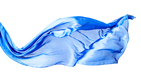 Smooth elegant blue transparent cloth isolated on white background. Texture of flying fabric.の写真素材
