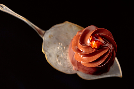 Chocolate dessert with cream and hazelnut on a cake spatula. の写真素材
