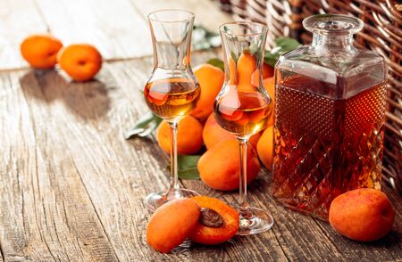 Apricot liquor and fresh apricots on a old wooden table. Wine and juicy fruits on a rustic background.の写真素材