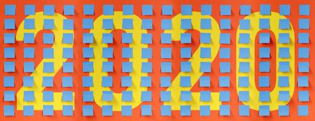 Reminder concept for 2020. Blue empty stickers on a orange background. Free space for your text. 