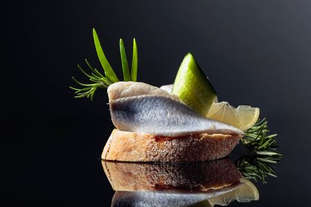 Atlantic herring with lemon, green cucumber, onion and rosemary. Sandwich with herring fillet in oil. Copy space for your content.の写真素材