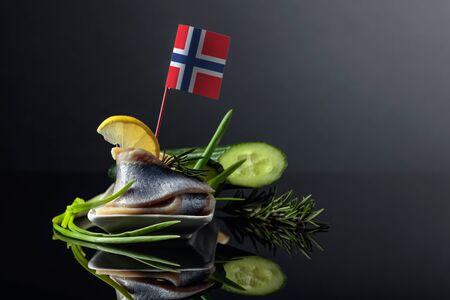 Norwegian herring with lemon, green cucumber, onion and rosemary. Free space for your content.の写真素材
