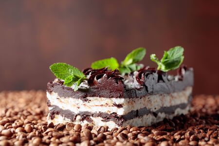 Delicious chocolate cake with mint. Coffee beans are scattered on the table.  Copy space.の写真素材