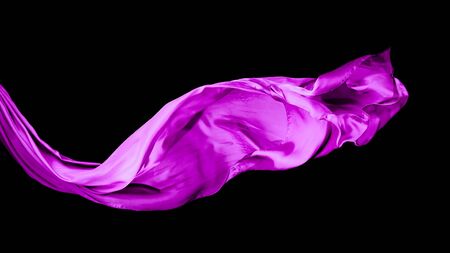 Smooth elegant purple transparent cloth isolated on black background. Texture of flying fabric.の写真素材
