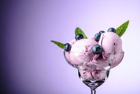 Blueberry ice cream with mint and berries. Copy space.の写真素材