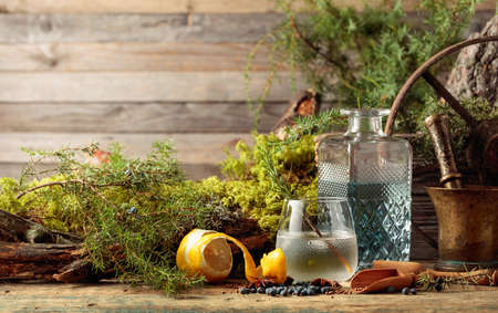 Gin-tonic cocktail with ice and a sprig of rosemary. Juniper berries, anise, and coriander are scattered on a wooden table. In the background old tree, moss, and branches of juniper.の写真素材
