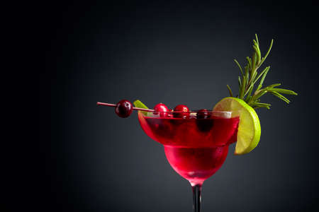 Cranberry cocktail garnished with berries, lime, and rosemary. Cocktail in frozen glass with ice. Copy space.の写真素材